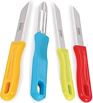 Rena Germany Knife Set - Serrated 110mm and 90mm, Plain 90mm, Promo Peeler - Kitchen Accessory for Home and Restaurant (Stainless Steel, Silver)