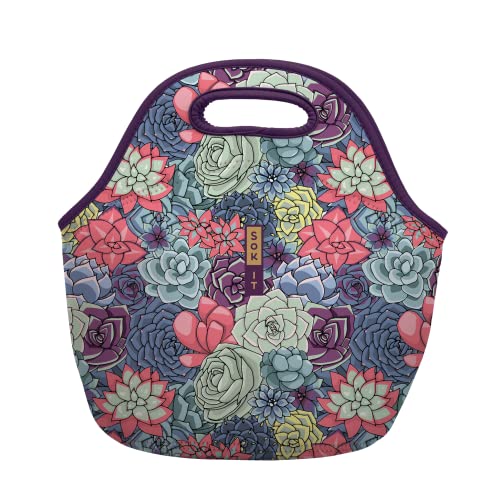 Sok It LunchTote Zippered Bag Insulated Neoprene Caddy (Succulents, Large 4.5 Quart Lunch Tote)