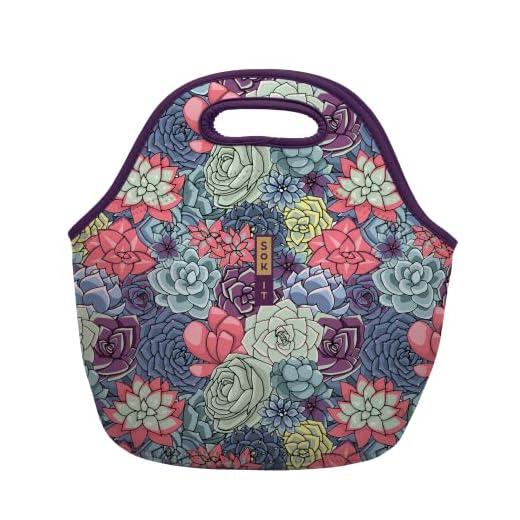 Sok It LunchTote Zippered Bag Insulated Neoprene Caddy (Succulents, Large 4.5 Quart Lunch Tote)