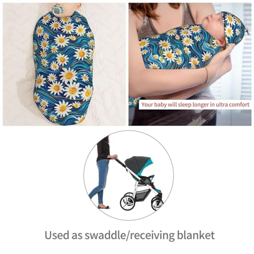 Image of Groovey Waves and Daisies Newborn Swaddle Blankets Hat Sets Soft Baby Receiving Blanket Swaddle Sack for Baby Shower Infant Boy Girl Gift