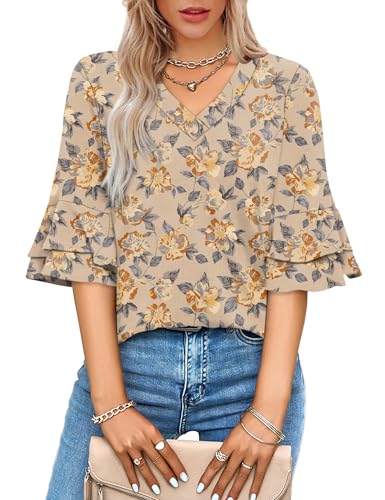 Image of OFEEFAN Spring Tops for Women Boho Shirts Fashion Clothing Cute 3 /4 Length Sleeve Blouses Dressy Casual Summer Outfits