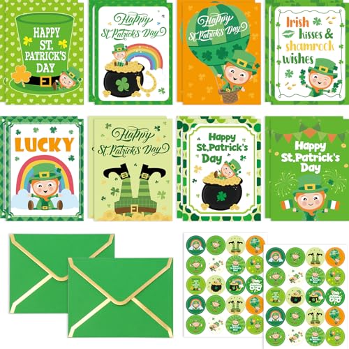 WorldBazaar Happy St. Patrick's Day Cards with Envelopes & Stickers 24 Pcs For Kids and Adults Irish Shamrock Lucky Day Saint Patricks Day Cards