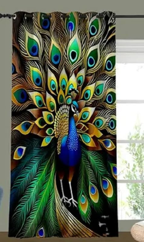 3D Blue Peacock Digital Printed Polyester Fabric Curtain for Kides Room,Bed Room Living Room Color Green Window/Door/Long Door (D.N.A1019) 4 x 9 Feet Pack of 1-image-4