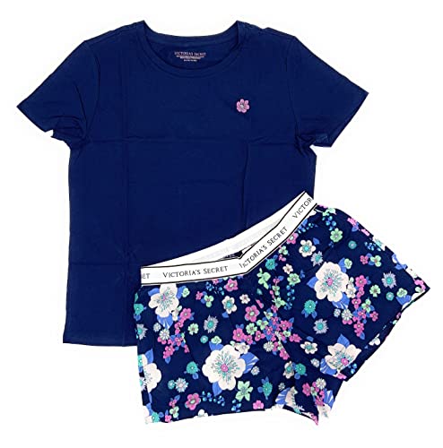 Victoria's Secret The Lounge PJ Cotton Short Tee-jama Pajama Set, Navy Blue/Floral, Small