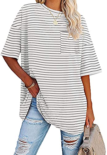 Fisoew Womens Striped Oversized Tees Loose T Shirts Half Sleeve Crew Neck Cotton Tunic Tops With Pockets #TOP12