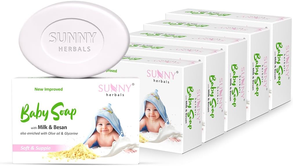Sunny Herbals Baby Soap | Made with Milk, Besan, Glycerine & Olive Oil | Gently Cleanses | Deeply Moisturizes | Softens Baby Skin | Mild & Safe Formula | Best for Delicate Baby Skin, 75 gm (Pack of 6)