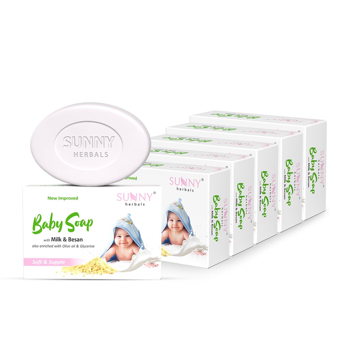 Sunny Herbals Baby Soap | Made with Milk, Besan, Glycerine & Olive Oil | Gently Cleanses | Deeply Moisturizes | Softens Baby Skin | Mild & Safe Formula | Best for Delicate Baby Skin, 75 gm (Pack of 6)
