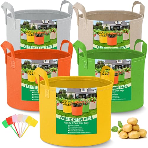 5-Pack 10 Gallon Grow Bags - Grow Bags 10 Gal 350g Heavy Duty Fabric Planting Bags with Handles, Potato Grow Bags for Gardening, Pots for Planting, Garden Bags to Grow Vegetables Potato Tomato Outdoor