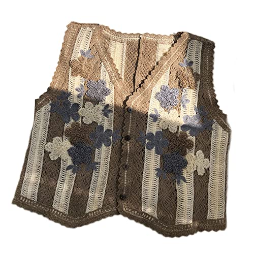 Women's Summer Knitted Sleeveless Top Contrast Color Striped Embroidery Floral Cardigan Button Crochet Top Vest Khaki, One Size #TOP5