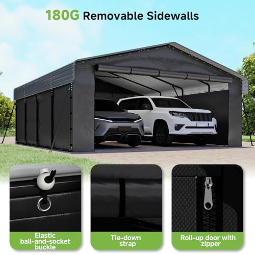 Image of 20x20FT Heavy Duty Metal Carport,Outdoor Garage with Removable Sidewalls & Doors, Heavy Duty Steel Frame and Galvanized Roof for Cars and Boats, Gray