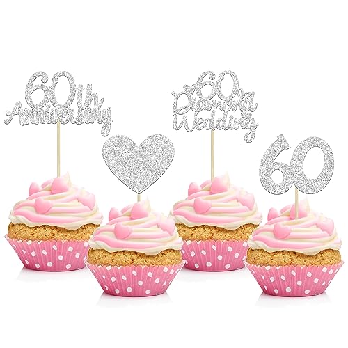 Gyufise 24Pcs Silver Glitter Diamond Wedding Anniversary Heart Cupcake Toppers for 60th Celebration Party Supplies and Cake Decoration