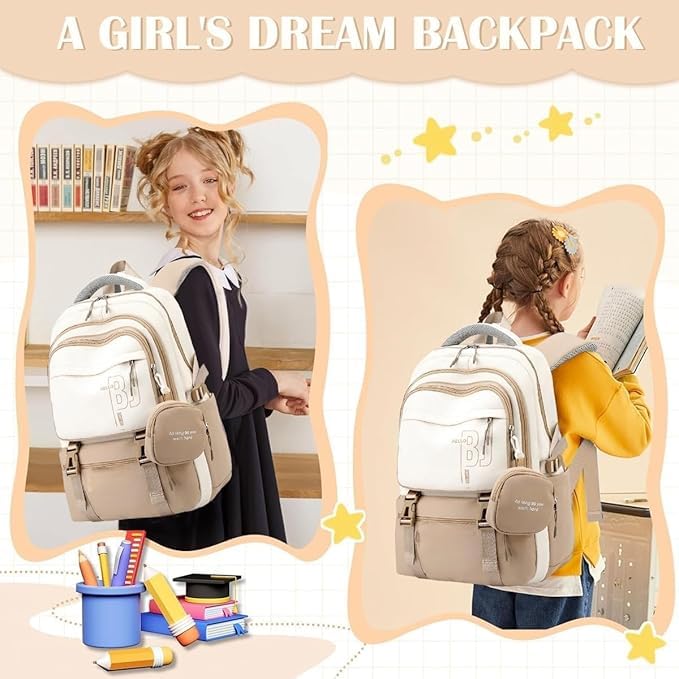 Image of Backpack Bag for Women with Matching Zipper Pouch, 18.1 Inch College Laptop Backpack, Multi-Compartment Bookbag for School, Office, Travel, Camping & Everyday Carry, White & Maroon