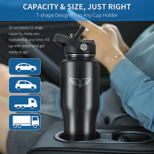 Uchiers 32 Oz Insulated Water Bottle Stainless Steel Tumbler Travel Flask Double Wall With Straw Lid And Spout Cap, Fits In Any Car Cup Holders Keep Cold For 24 Hrs, Hot For 12 Hrs (Black) #TOP1