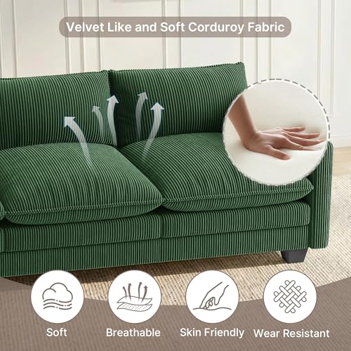 Image of Gizoon 110'' Oversized L Shaped Couch for Living Room, Cloud Couches with Washable Corduroy Cover, Modern 4-Seater Comfy Deep-Seat Sofa with Movable Ottoman and 2 Throw Pillows for Apartment, Green