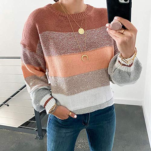 Prettygarden Women's Fashion Long Sleeve Striped Color Block Knitted Sweater Crew Neck Loose Pullover Jumper Tops (Pink,Small) #TOP4