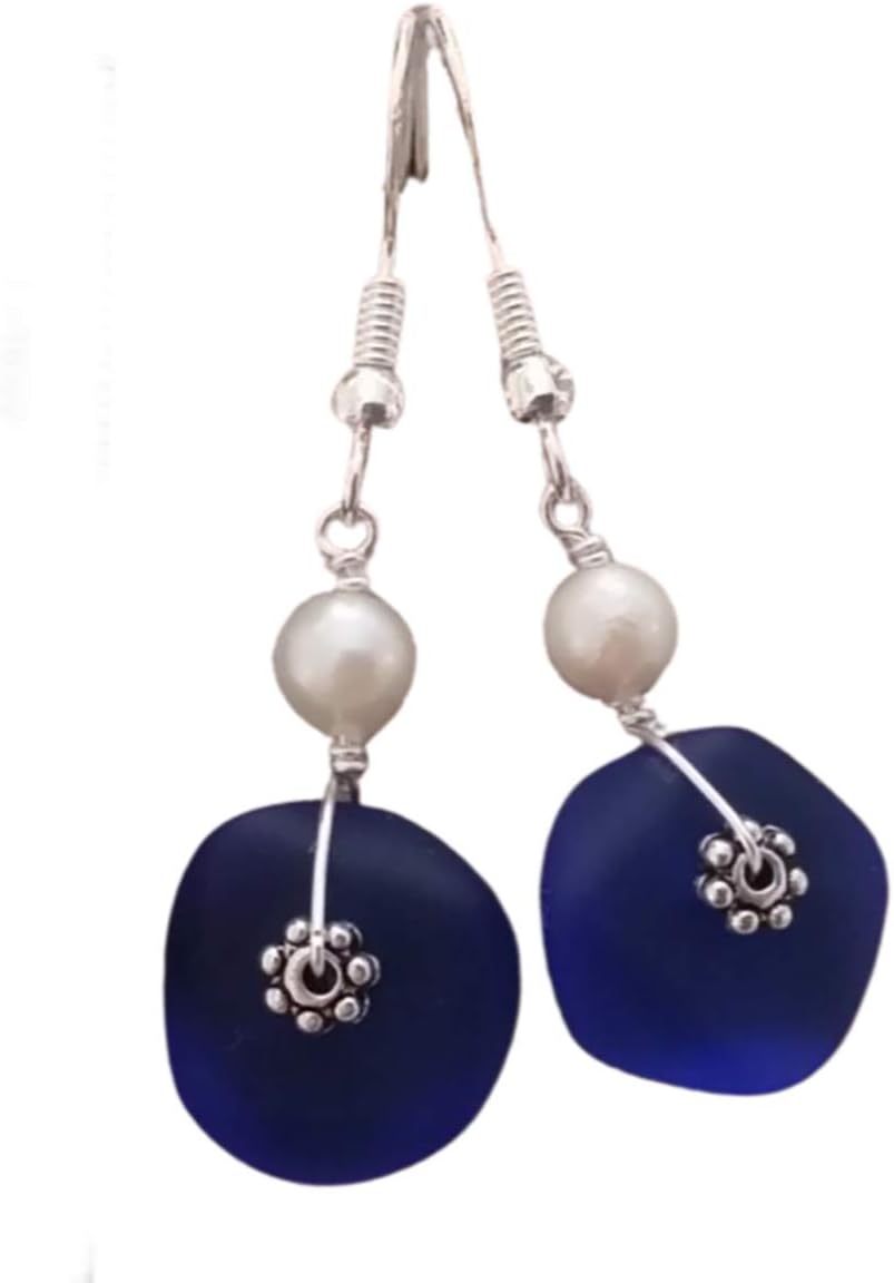 Handmade Sea Glass Earrings, Hawaiian Jewelry for Women, Wire Cobalt Blue Pearl Earrings, Unqiue Beach Jewelry Birthday Gift (September Birthstone)