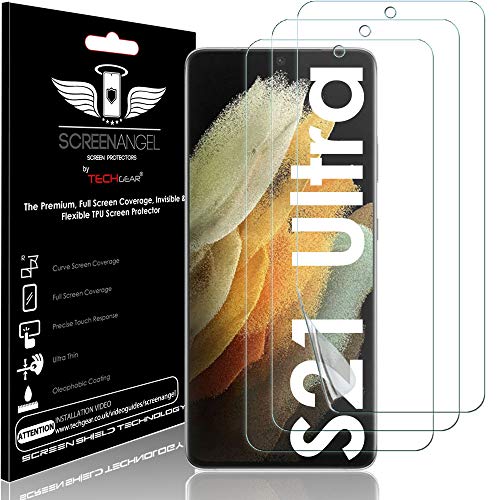 TECHGEAR [3 Pack Screen Protector past op Samsung Galaxy S21 Ultra [Screen Angel Edition] [In-Display vingerafdrukondersteuning] [Case Friendly] [Bubble Free] [FULL Screen Coverage] HD Clear Flexibele TPU Film