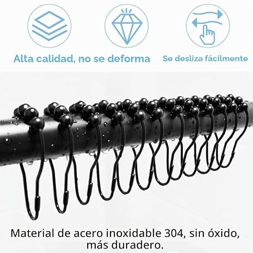 Miniatura 5 de 12 Piezas Anillos De Cortina De Ducha,Gancho De Cortina De Ducha Con Sistema De Deslizamiento,Anilla Cortina De Acero Inoxidable Para Baños Ventanas Negro