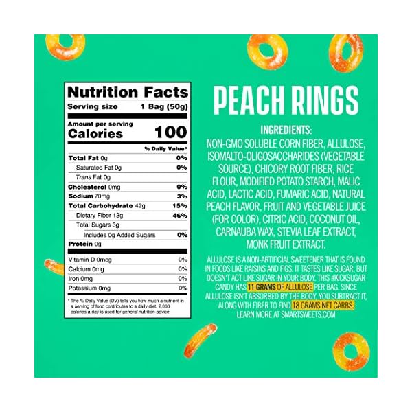 Smart-Sweets-Peach-Rings-Low-Sugar-Gummy-Candy-Plant-Based-Low-Calorie-Snack-18oz-Pack-of-12 Smart Sweets Peach Rings, 1.8oz (Pack of 12), Candy with Low Sugar (3g), Low Calorie (100), No Artificial Sweeteners, Vegan, Plant-Based, Gluten-Free, Healthy Snack for Kids & Adults