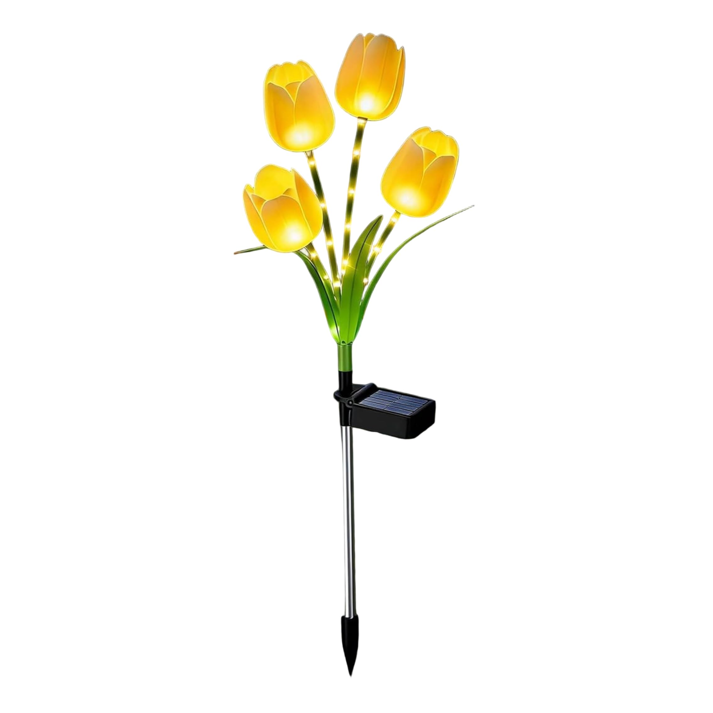 Ginwrek Solar Flowers, 4-Head Tulips Solar Garden Stake for Outside Waterproof Warm Light for Garden Yard Pathway, 28×10 Inch, Yellow