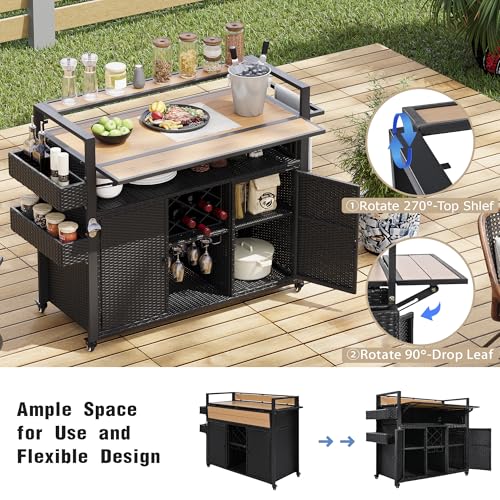 Image of Merax 52.8 inch W Wicker Outdoor Grill Cart with Extended Plastic Wood Table Top, Rolling Kitchen Island on Wheels with Storage Cabinet, for Patio Backyard Garden Poolside, Black Brown