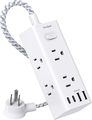 One Beat Cable de extensión corto de 1 pie, regleta de alimentación de enchufe plano, protector de sobretensiones – 6 salidas amplias con 4 puertos