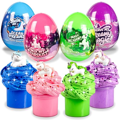 Waybla Easter Basket Stuffers Essentials – 4 Pack Colorful Butter Slimes in Plastic Prefilled Eggs with Unicorn Figurines & Glitter – Fun DIY Gift, Party Favors, Birthday Gift for Kids Teens