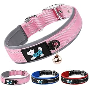 AUAUY Collar Perro, Ajustable Collar Nylon Reflectante para Mascotas, Neopreno Ultrasuave Acolchado con Hebilla de Metal Anillo en D Y Anillo de Etiqueta para Perros Pequeños, Medianos, Grandes Rosa-S