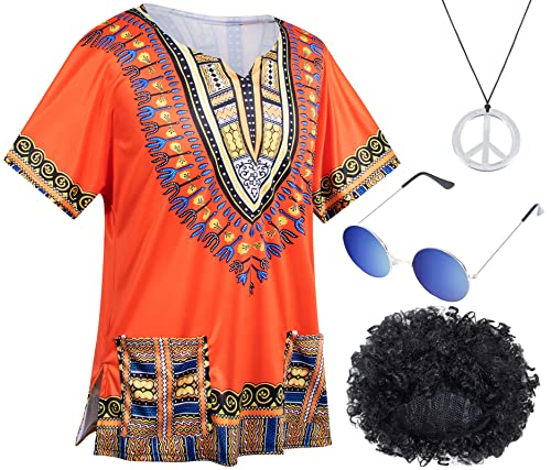 4 PCS Hippie Costume for Mens 60s 70s T-Shirt Afro Wig Accessories Set for Party Cosplay L Orange by TOGROP - Used condition - Image 3