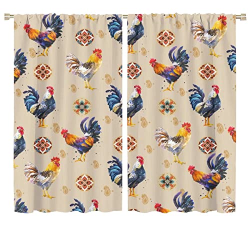 INSFBRB Cartoon Rooster Rod Pocket Blackout Curtains - Vintage Watercolor Farmhouse Farm Chicken Bohemian Design Window Drapes Set Energy Saving Thermal Insulated Drapes 2 Panels 63L x 36W