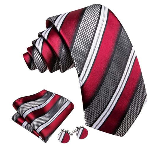 Image of Barry.Wang Man Stripe Ties Set Silk Woven Pocket Square Necktie Cufflinks Formal Party Business