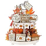 Thyle 15 Pcs Fall Tiered Tray Decor Set Thanksgiving Decorations Autumn Pumpkin Leaves Gnome Rustic Farmhouse Fall Decor Autumn Harvest Decorative Trays Wooden Tabletop Signs for Home Kitchen