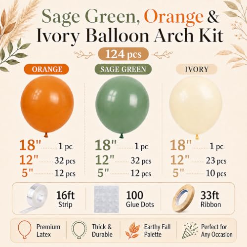 Image of Fall Balloon Arch Kit, Sage Green and Orange Balloons, 124 Pcs