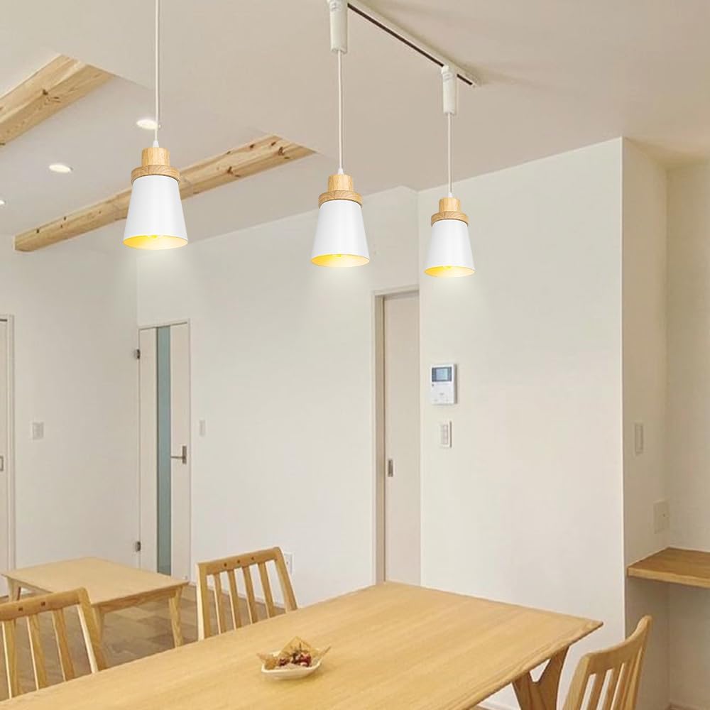 Set Three Adjusted Cable J-Type Track Lamp Wooden Base White Metal Shade Vintage Pendant Lighting for Kitchen Bar Dining Room(No Bulb, Track)