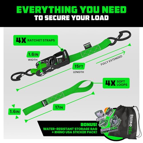 Image of Rhino USA Heavy Duty Ratchet Tie Downs (4-Pack) - 1.6in x 15ft, 5,000lb