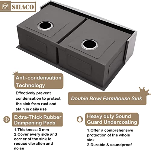 Image of SHACO 33 Inch Stainless Steel Farmhouse Sink, 50 /50 Double Bowl Apron Front Farm Sink for Kitchen, Brushed Nickel
