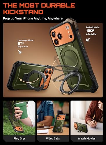 Image of SUPCASE for iPhone 17 Pro Case with Stand & Camera Control Button, Green | Compatible with MagSafe, Military-Grade Drop Protection, Anti-Slip Grip, Heavy Duty Magnetic Phone Case, Unicorn Beetle Grip