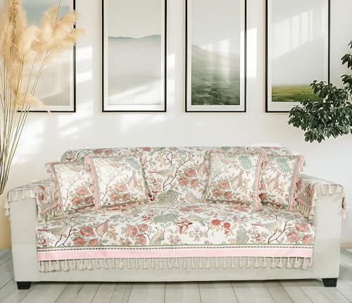 Image of ishro home Premium Sofa Cover 1 Seater Protecter with 2 Handle Covers - Soft European Standard Fabric, Frill Design, Machine Washable | (Gul-o-Parinday, 1 Seater)