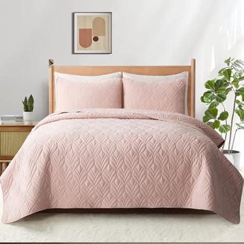 Peace nest 3 Piece Quilted Coverlet Set with Pillow Shams, Lightweight All Season Bedspread Bed Cover King Size, Pink((106"X90") Cover