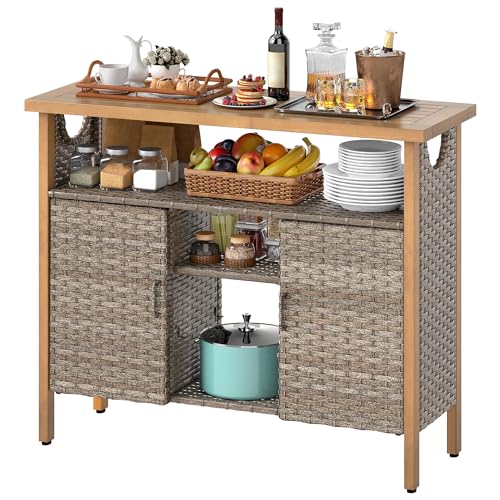 DWVO XL Patio Storage Cabinet, Wicker Outdoor Bar Table with Wood Top,Adjustable Shelves, Patio Sideboard for Outdoor Buffet,Yard, Garden, Kitchen (Brown)