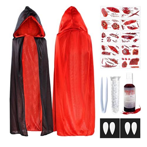 Byhsoep Disfraz de Vampiro para Adultos,Disfraz de Halloween con Sangre Artificial,4 Dientes de Vampiro de 15MM,10 Cicatrices de Halloween,Disfraz de Vampiro para Adultos(140cm)