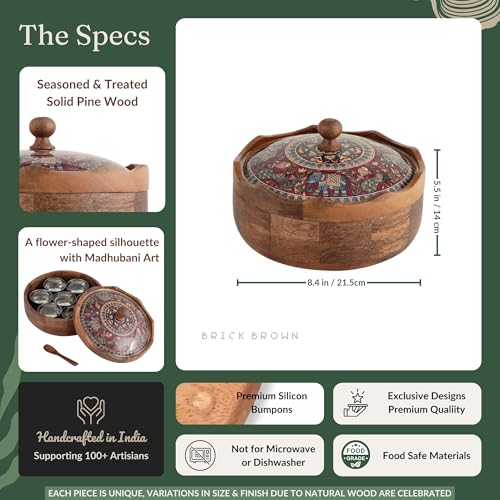 Image of Brick Brown Mithila Wooden Masala Box with Lid | Spice Box Organizer Storage Box | Spice Jars | Flower-Shaped Masala Dani with 7 Steel Containers & 1 Wooden Spoon | Designer Spice Rack for Kitchen