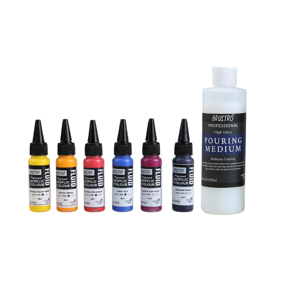 BRUSTRO Professional Artists ’ Fluid Acrylic 20 ml High Chroma Set of 6 with Pouring Medium 200 ml