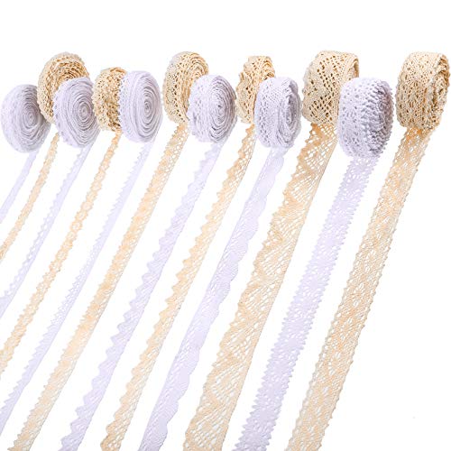 60 Yards Lace Trim Assorted Pattern Lace Ribbon Roll DIY Craft Lace Ribbon Crochet Lace Scalloped Edge for Wedding Decorations Present Package Wrapping Lace, 5 Yards Per Roll, 12 Styles