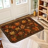 Leaves Area Rug, Fall Rustic Acorns Brown Background Fall Orange Non-Slip Soft Doormat Throw Rug Stain Resistant Laundry Room Bathroom Doorway Entryway Decor 2' X 3'