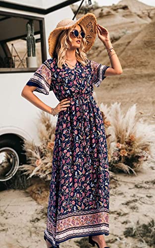 Image of PRETTYGARDEN Women's Casual Summer Boho Floral Print Dress V Neck Short Sleeve High Waist Long Maxi Beach Dresses