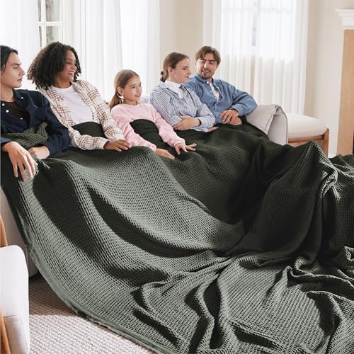 Image of Bedsure 100% Cotton Big Blanket Oversized King for Bed - Large Breathable Thick Cooling Waffle Weave Blanket for Summer, Couch Cover, Olive Green, 120x94 inches