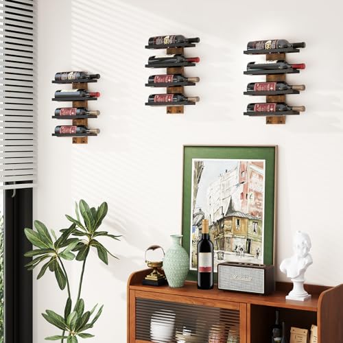 Image of IBUYKE Wall Mounted Wine Rack 12 Bottle,Wood Storage Rack,Brown TMJ913H | Wine Bottle Holder for Wine Bottles Liquor Champagne DIY Wall Wine Rack for Home Bar Storage and Display