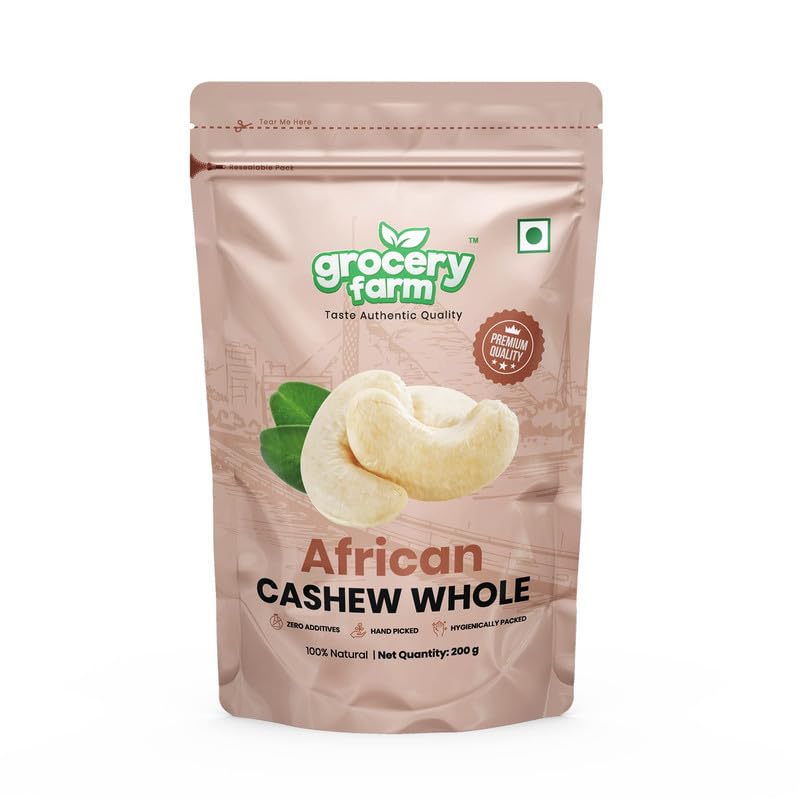 Grocery Farm African Whole & Raw Cashews 200gm | Crunchy & Nutritious Whole Kaju | Packed with Healthy Fats, Proteins & Fiber - The Ultimate Snack for Your Daily Cravings
