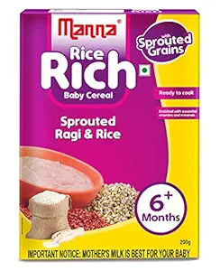 Manna Baby Cereal 200g | Baby Food (6+Months) Sprouted Ragi & Rice | 100% Natural Health Mix